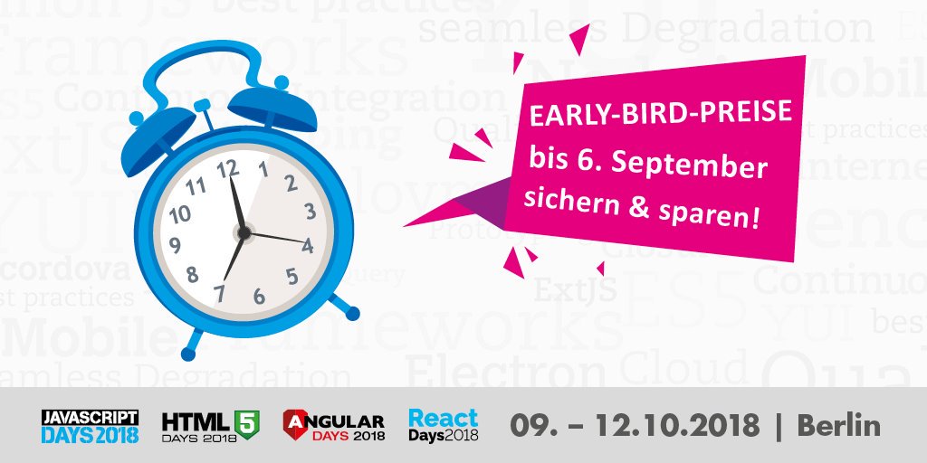 JS_Days's tweet photo. ⏰ Nicht verpassen: Der Early-Bird-Countdown läuft noch bis DIESEN Donnerstag, 6. September! Jetzt Ticket sichern, bis zu 100 € sparen und am großen 4-in-1-Trainingsevent teilnehmen: #JSDays + #AngularDays + #ReactDays + #HTML5Days https://t.co/jRuZRNuxk9