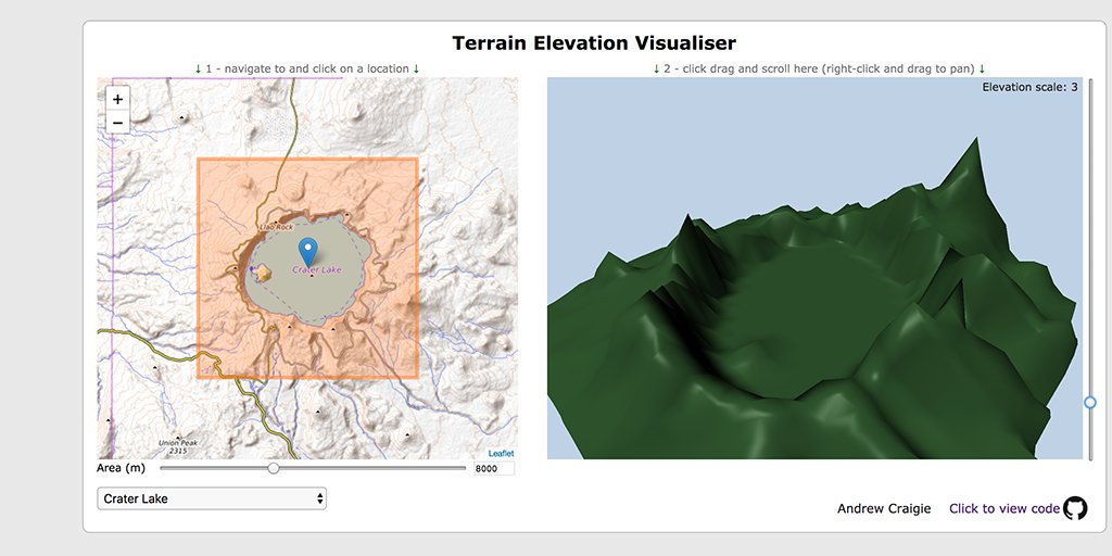 AndrewCraigie's tweet photo. What do you get when you throw 2 map APIs, Three.js 3D library and a whole load of 'publish-subscribe' code at your @CodeClanScot weekend javascript homework - a "Terrain Elevation Visualiser" of course - see it here https://t.co/WgDKqIPYoR #codeclanlife 🏔️⛰️🗻🌋 https://t.co/TGYJhhZRbs