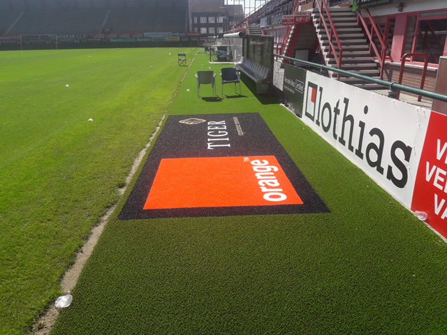 signgrass's tweet image. Unique branding on your sports pitch! By using @signgrass® synthetic turf logos, you can offer your sponsors a unique eyecatcher on the pitch to attract their target groups' attention! - 📷 KV Kortrijk, Belgium - project by @KSPKunstgras