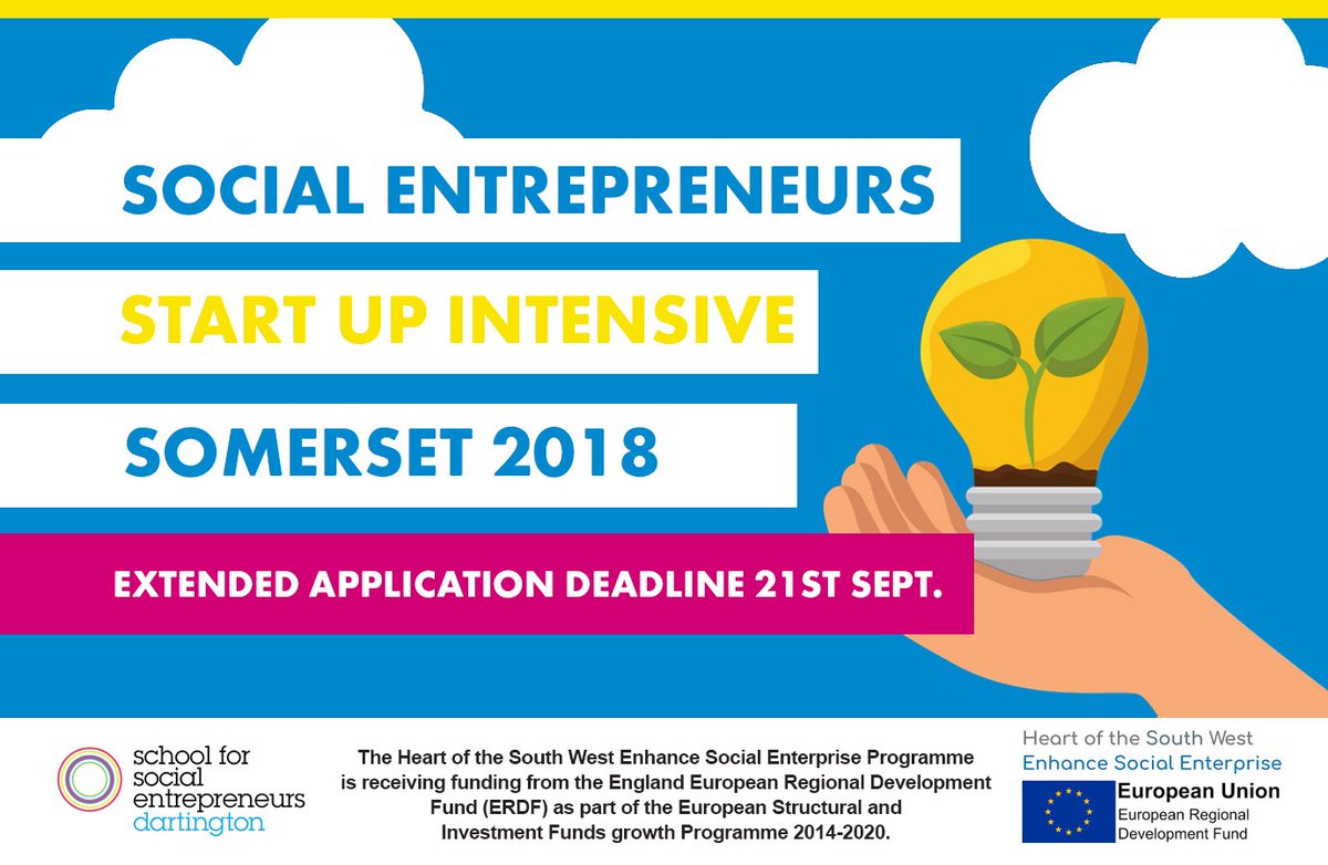 Start up intensive #Somerset and #Devon. A fully-funded three-day introduction, ideal for anyone who is starting a #SocEnt or #community business. Deadline extended to Sept. 21st ow.ly/msok30lF8ym <a href="/ERDF_Enhance/">HotSW Enhance SE</a> <a href="/SchSocEnt/">The School for Social Entrepreneurs</a>