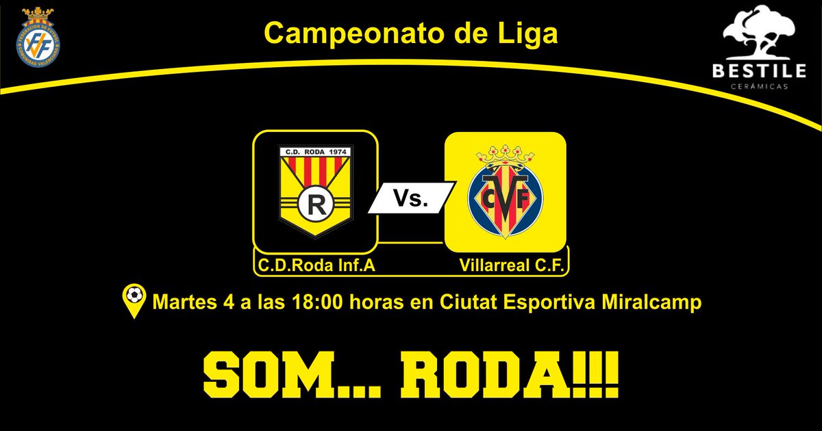 Mañana 04/09 a las 18 horas debut del Infantil A <a href="/cdroda/">CD Roda</a> en la temporada 2018/19.  Debutamos en casa ante <a href="/VillarrealCF/">Villarreal CF</a>