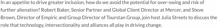 #Series2SummerRecap

ICYMI: S2 E7 - 'Inclusivity Without Alienation'

divercitypodcast.com/2018/05/02/ser…

Guests: <a href="/SB_EMPIRIC/">steve brown</a> of @Empiric_UK &amp; <a href="/robertbkr/">Robert Baker</a> of <a href="/mercer/">Mercer</a>

Host: <a href="/streets_julia/">Julia Streets</a> 

Also on <a href="/ApplePodcasts/">Apple Podcasts</a> &amp; <a href="/BrightTALK/">BrightTALK</a> 

#Inclusion #Tech #Talent #Intersectionality