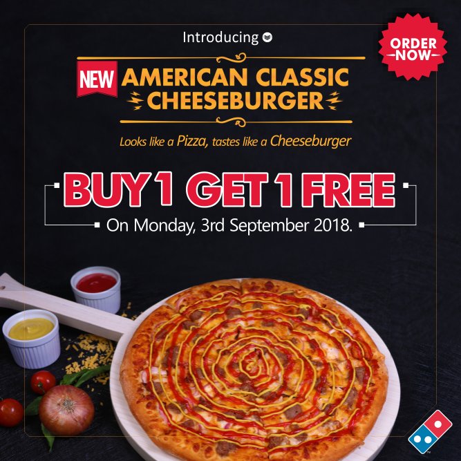 dominosng's tweet photo. It's finally here😀😋🔥!!!  Our NEW AMERICAN CLASSIC CHEESEBURGER PIZZA ! Buy 1 get 1 free!!! Promo valid for today ONLY!!! across all our stores or order on our website via https://t.co/WZrXkGBvVX https://t.co/7eaTDUMKA1