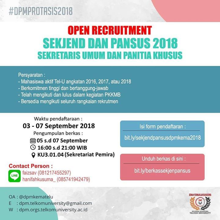 [REKRUTMEN SEKJEND DAN PANSUS 2018]

Halo Kema Telkom University!

Bagi kalian yang tertarik pada bidang Legislatif, Aspirasi, Anggaran, dan Pengawasan, DPM KEMA TELKOM UNIVERSITY membuka pendaftaran untuk anggota Setjend dan Pansus DPM Kema Tel-U 2018.

---

Setjend dan Pan…