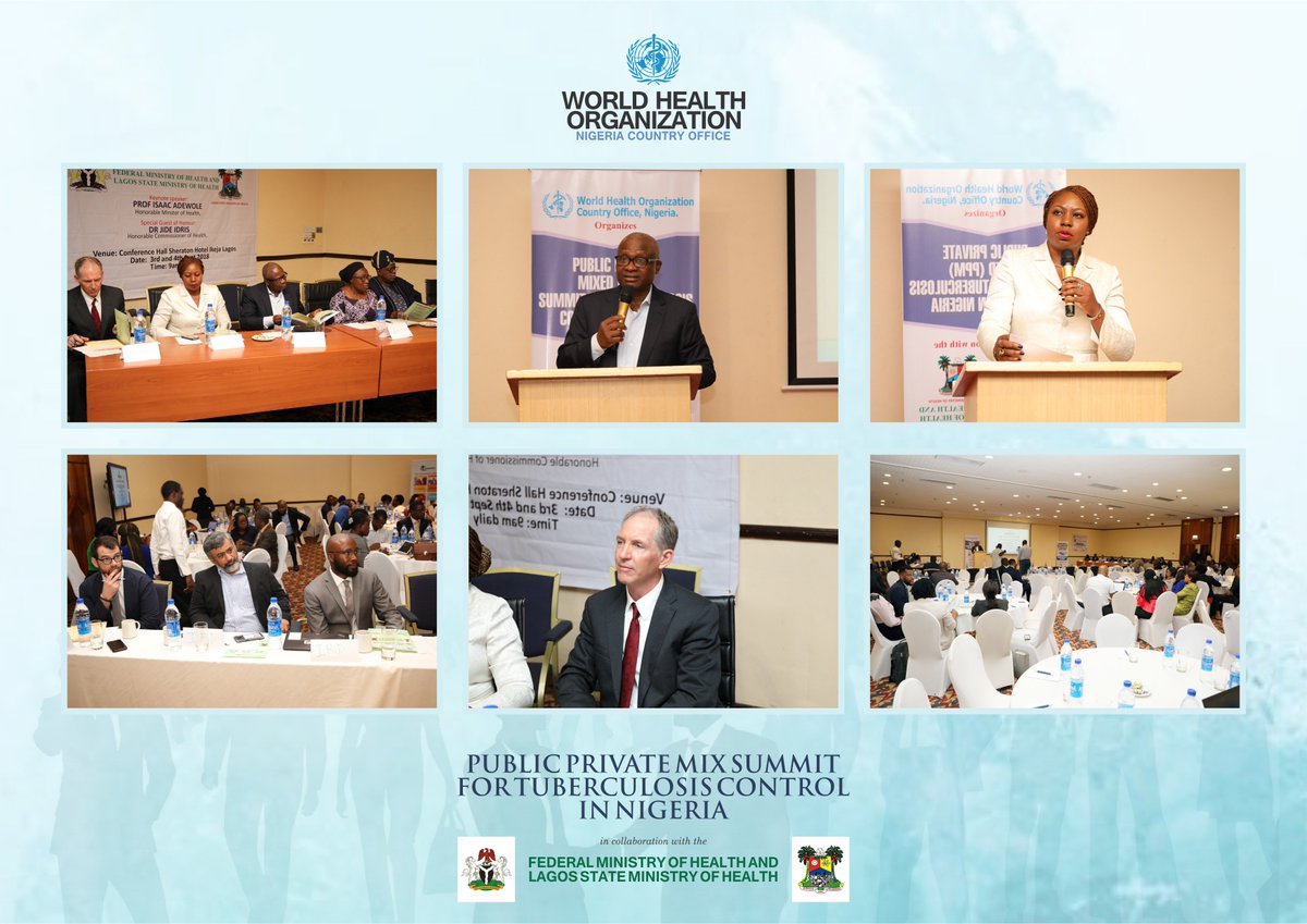 #HappeningNow: The Public Private Mix Summit for Tuberculosis Control in Nigeria is underway.

Event is organized by the <a href="/WHO/">World Health Organization (WHO)</a> in collaboration with the <a href="/Fmohnigeria/">Federal Ministry of Health, NIGERIA</a> &amp; Lagos State Ministry of Health.

Join the Conversation: 
#ENDTBinNigeria
#NGPPMTBSummit