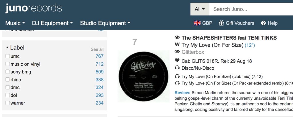 Big up <a href="/UKShapeshifters/">The Shapeshifters</a> // <a href="/TeniTinks/">TeniTinks</a> // Dr Packer... “Try My Love” sitting at #7 on the <a href="/Junorecords/">Juno Records</a> chart 😍 

Digital download coming soon... 👀