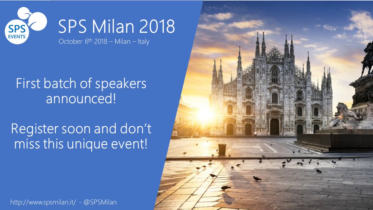 SPSMilan's tweet photo. Annunciato il primo gruppo di speaker per #SPSMilan 2018: https://t.co/MWaWEM5VSl - Non perdere un'occasione unica di partecipare all'evento e registrati subito! #SharePoint #Community https://t.co/OTkPKy12Gm