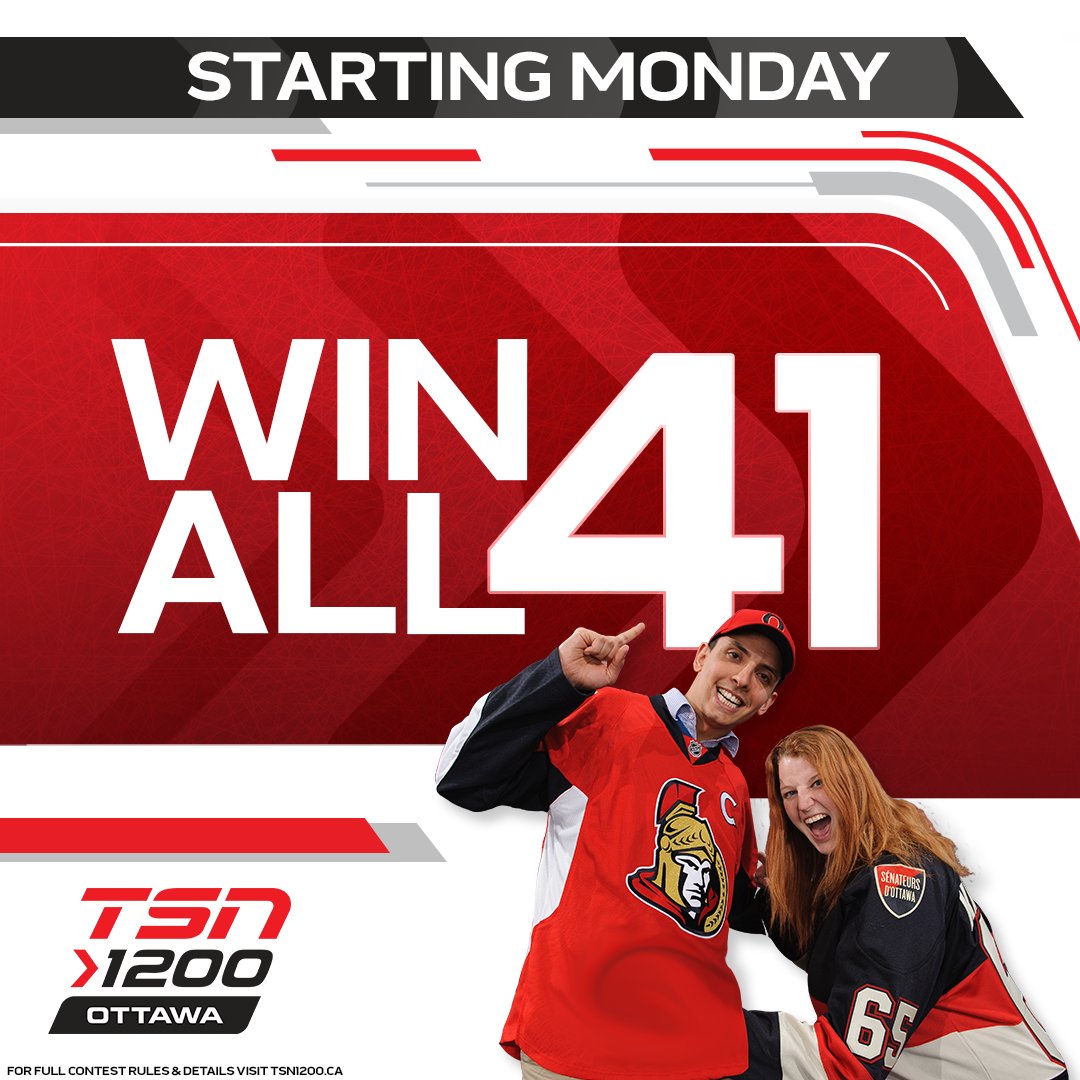 TSN1200's tweet photo. Congrats to Stephan Levesque. He has qualified for our #WinAll41 contest. Stephan could win Ottawa Senator season tickets and so could you.
Another chance to qualify comes up at 4 with #TheDrive. https://t.co/KJU6UnWVHk