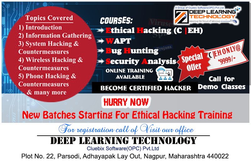 deeplearningtec's tweet image. @deeplearningtec Learning Technology(Cluebix group) offers hashtag#CEH hashtag#Training @ ₹ 9999/- and hashtag#CEH Certification
Contact: 8793321934
deeplearningtechnology.in
hashtag#ClickHere : goo.gl/2GLdQj