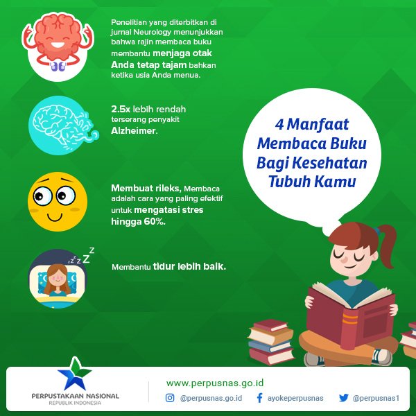 Perpusnas On Twitter Selain Menambah Ilmu Pengetahuan Kegiatan Membaca Buku Juga Memberi Manfaat Terhadap Kesehatan Tubuh Kamu Lho Sahabatpustaka Apa Sajakah Itu Ayokeperpusnas Kabarperpusnasri Ayobacabuku Indonesiagemarmembaca Https T Co