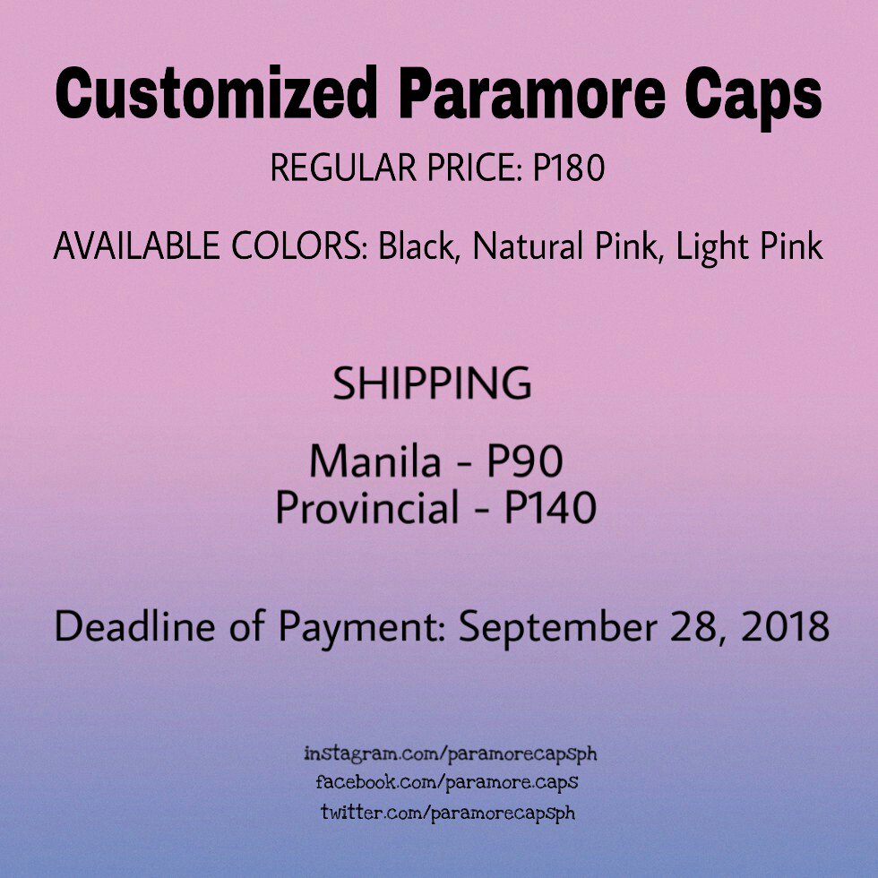 paramorecapsph's tweet image. Customized Paramore caps are available again for orders! All caps are P180 each!

Available colors: Black, Natural Pink, Light Pink

✔SHIPPING

Deadline of Payment: Sep 28

✔MEETUP: SM Molino &amp;amp; SM Dasmariñas

September 9
September 16
September 23
September 30

DM for orders!