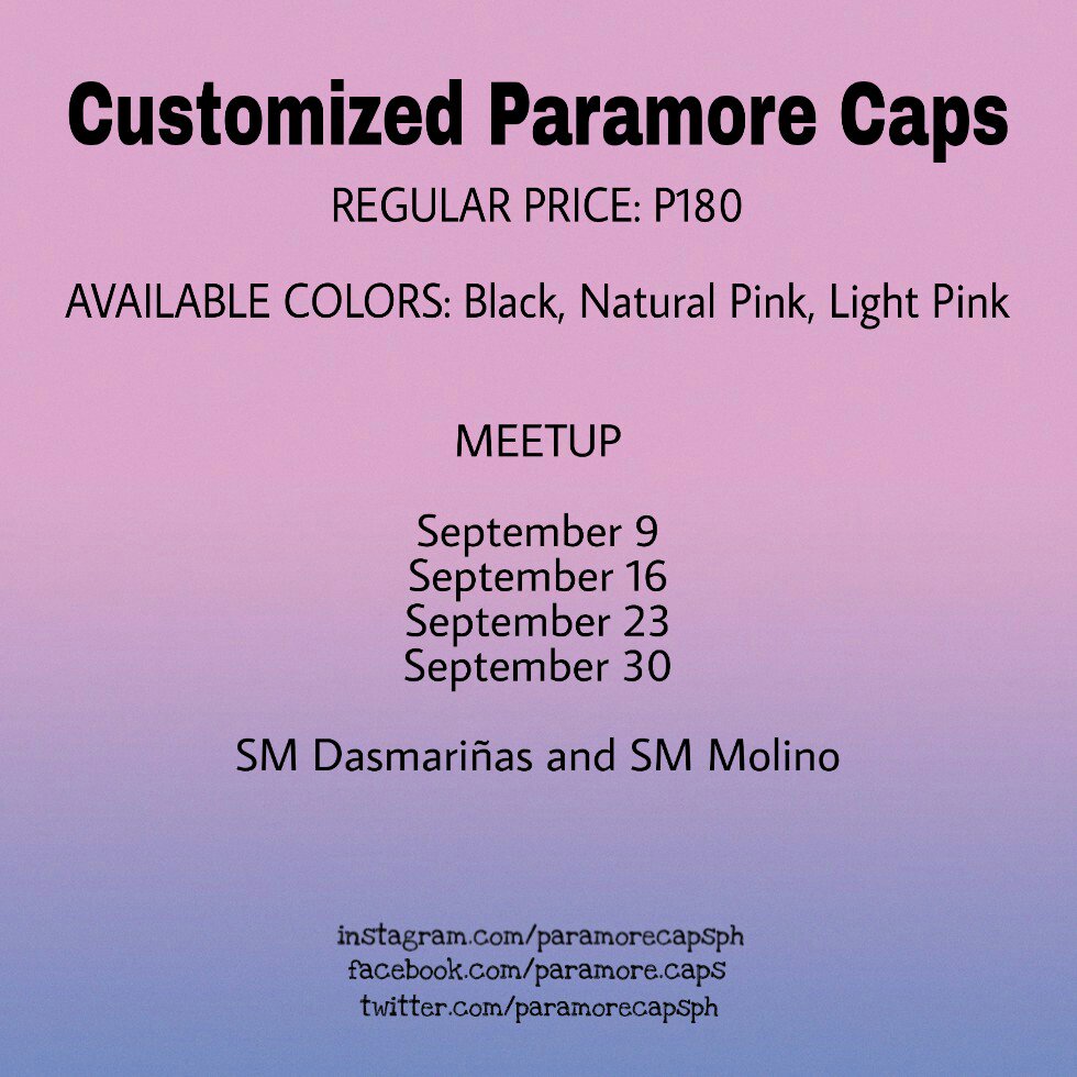 paramorecapsph's tweet image. Customized Paramore caps are available again for orders! All caps are P180 each!

Available colors: Black, Natural Pink, Light Pink

✔SHIPPING

Deadline of Payment: Sep 28

✔MEETUP: SM Molino &amp;amp; SM Dasmariñas

September 9
September 16
September 23
September 30

DM for orders!