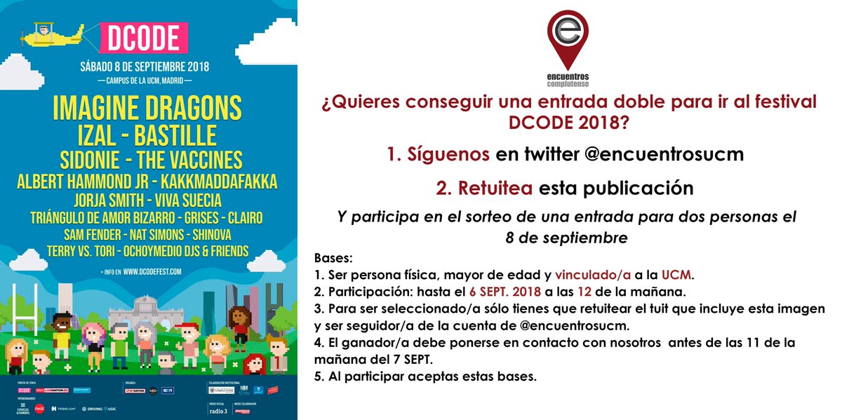 encuentrosucm's tweet photo. Ven #DCODE2018 con #EncuentrosUCM 🔥 

Empezamos el curso con un SORTEO 🎟 de una ENTRADA DOBLE para este sábado.
🎉¡Anímate y participa! 🎉
Solo tienes que:
✅Ser #EstudiantesUCM o vinculado a la UCM
✅Seguirnos en twitter
✅Retwittear esta publicación

Lee las bases 👇👇 https://t.co/qiIljzEHxQ