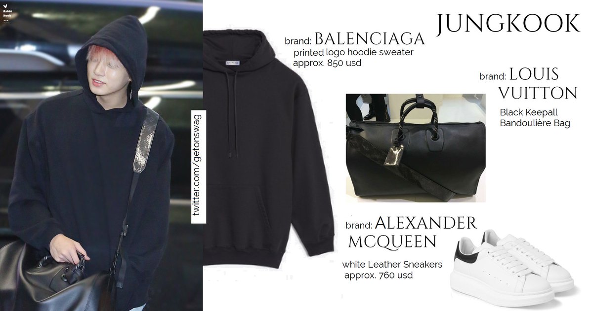 Beyond The Style ✼ Alex ✼ on X: JUNGKOOK #BTS 180903 airport #JUNGKOOK #정국  #방탄소년단 LOUIS VUITTON Black Keepall Bandoulière Bag BALENCIAGA Printed logo  hoodie sweater ALEXANDER McQUEEN - white leather snea