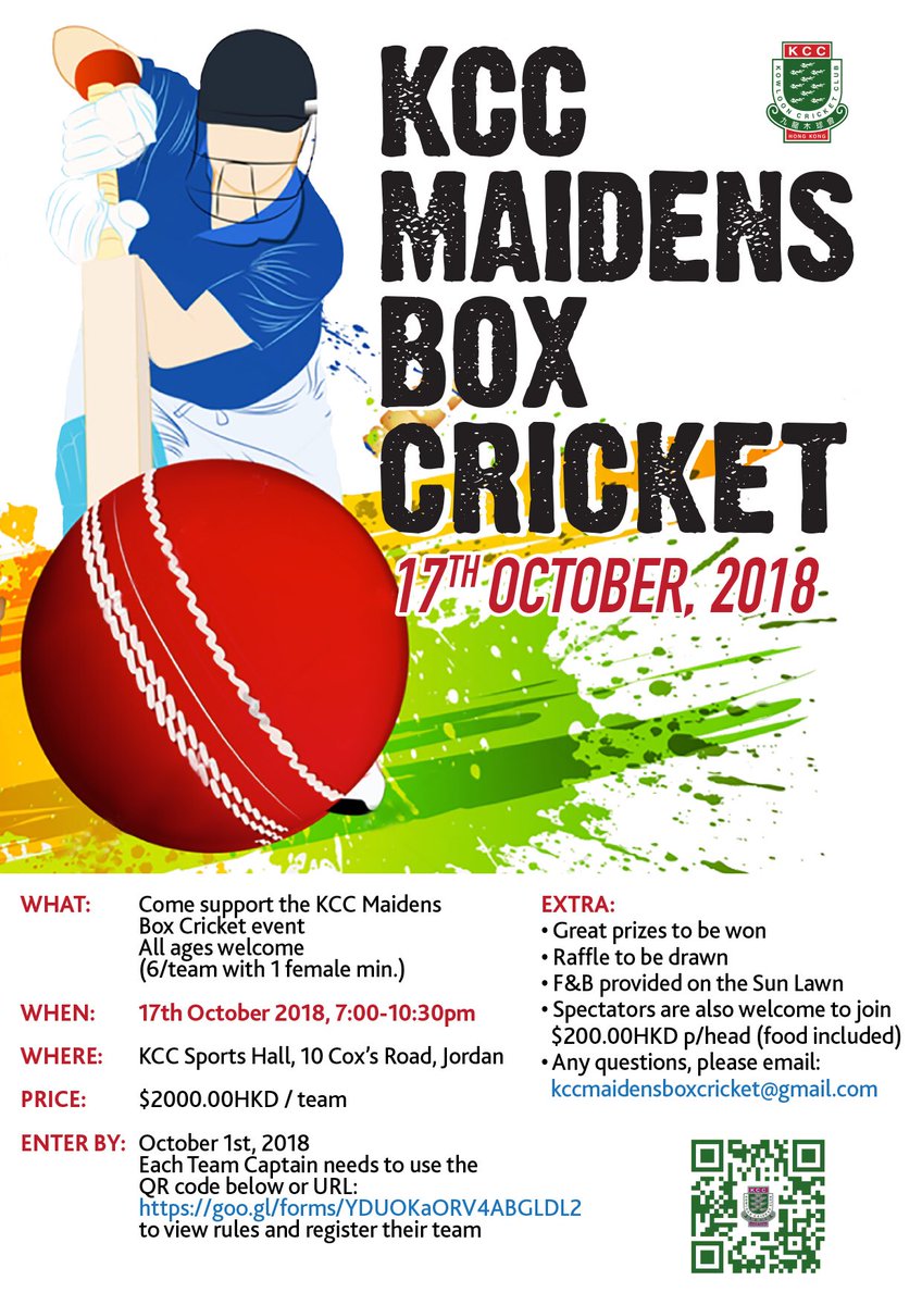 Team entry is open to everyone for the upcoming KCC Maidens Box Cricket tournament. Get in quick to avoid disappointment!

<a href="/_RedDragons/">Red Dragons</a> | <a href="/CricketHK/">Cricket Hong Kong, China</a> | <a href="/LittleSaiWan/">DLSWCC</a>  | <a href="/Brokenwood/">BROKENWOOD WINES</a> | <a href="/peroniuk/">PeroniNastroAzzurro</a>