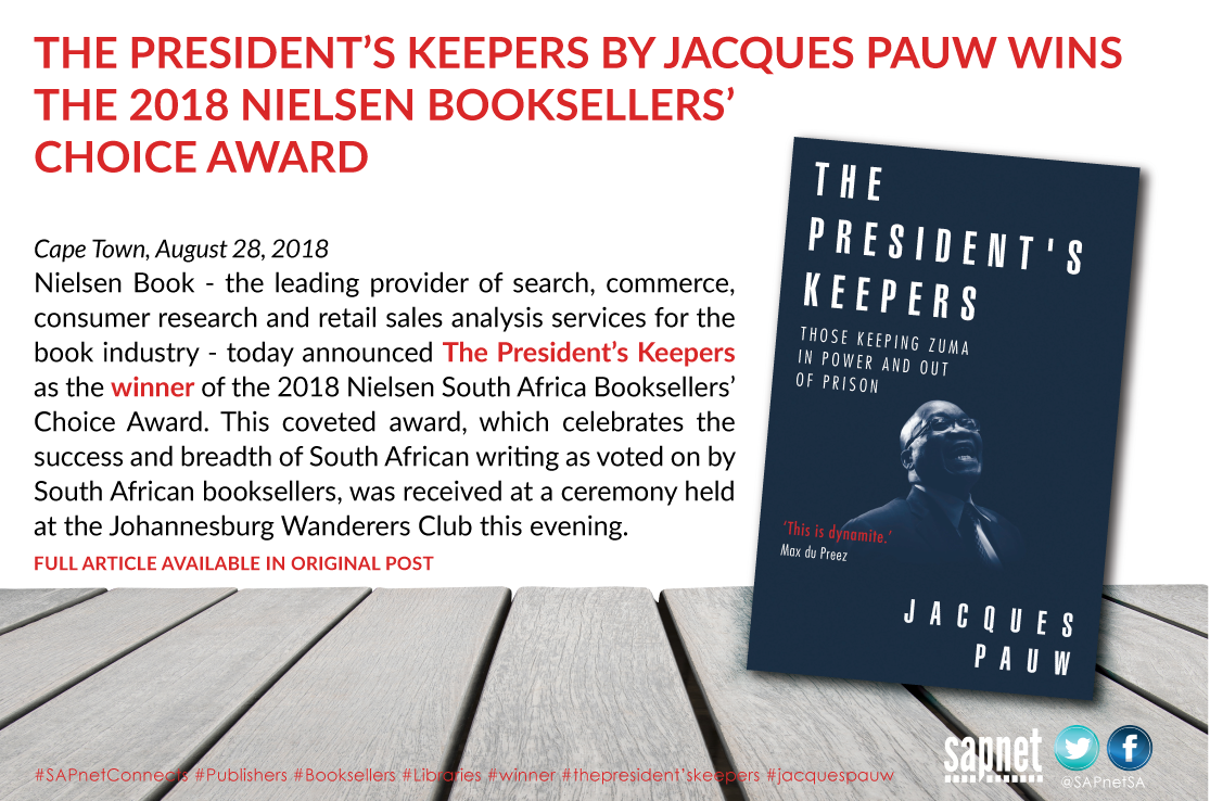 SAPnetSA's tweet photo. August 28, 2018 - Nielsen Book announced The President’s Keepers as the winner of the 2018 Nielsen South Africa Booksellers’ Choice Award. This coveted award was received at a ceremony held at the Johannesburg Wanderers Club #nielsenbooksellerschoiceaward #thepresidentskeepers https://t.co/tvRFoYYoTk