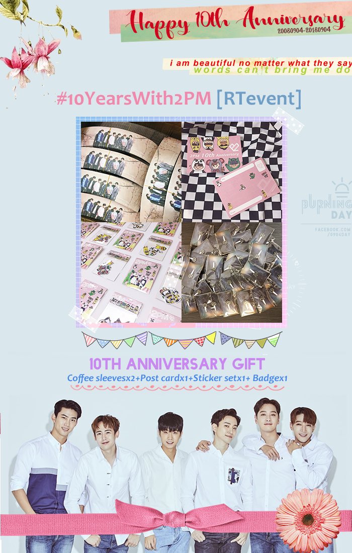 [RT]🎊#10YearsWith2PM
RT하신 2분께 10주년기년선물을 드립니다(무료배송으로 드립니다)

10周年記念プレゼントを贈ります！このツイをRTすれば自動応募になります。(国際送料はこちら負担します)

RT this tweet to win the chance get the 10th anniversary gift for free no matter where you are.