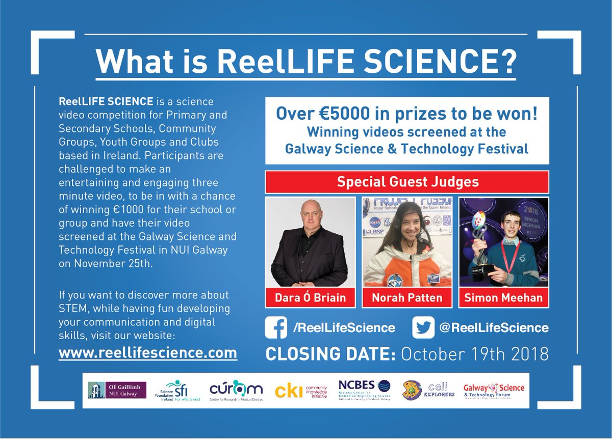 ReelLifeScience's tweet photo. The ReelLIFE SCIENCE video competition is back, and we're thrilled to announce the amazing @daraobriain, @SpaceNorah &amp; @BTYSTE winner Simon Meehan as our 2018 Special Guest Judges.  Closing date for entries is Oct 19th. Find out more at https://t.co/DBnedwCsrS #believeinscience https://t.co/YdsntGHOVX