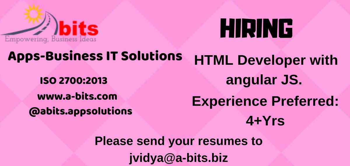 Apps_ITSolution's tweet image. Hiring HTML Developer with angular JS
#Hiring #HTMLDeveloper #angularJS #JavaScript #JSON #XML #TypeScript #EcmaScript6 #Babel #SPA #HTML5 #CSS3 #Bootstrap #Angularunittesting #jQuery #npm #ChennaiJobs #Jobsinsoftware #Jobs #EasyInterview #Chennai #SoftwareJobs #EngineeringJobs