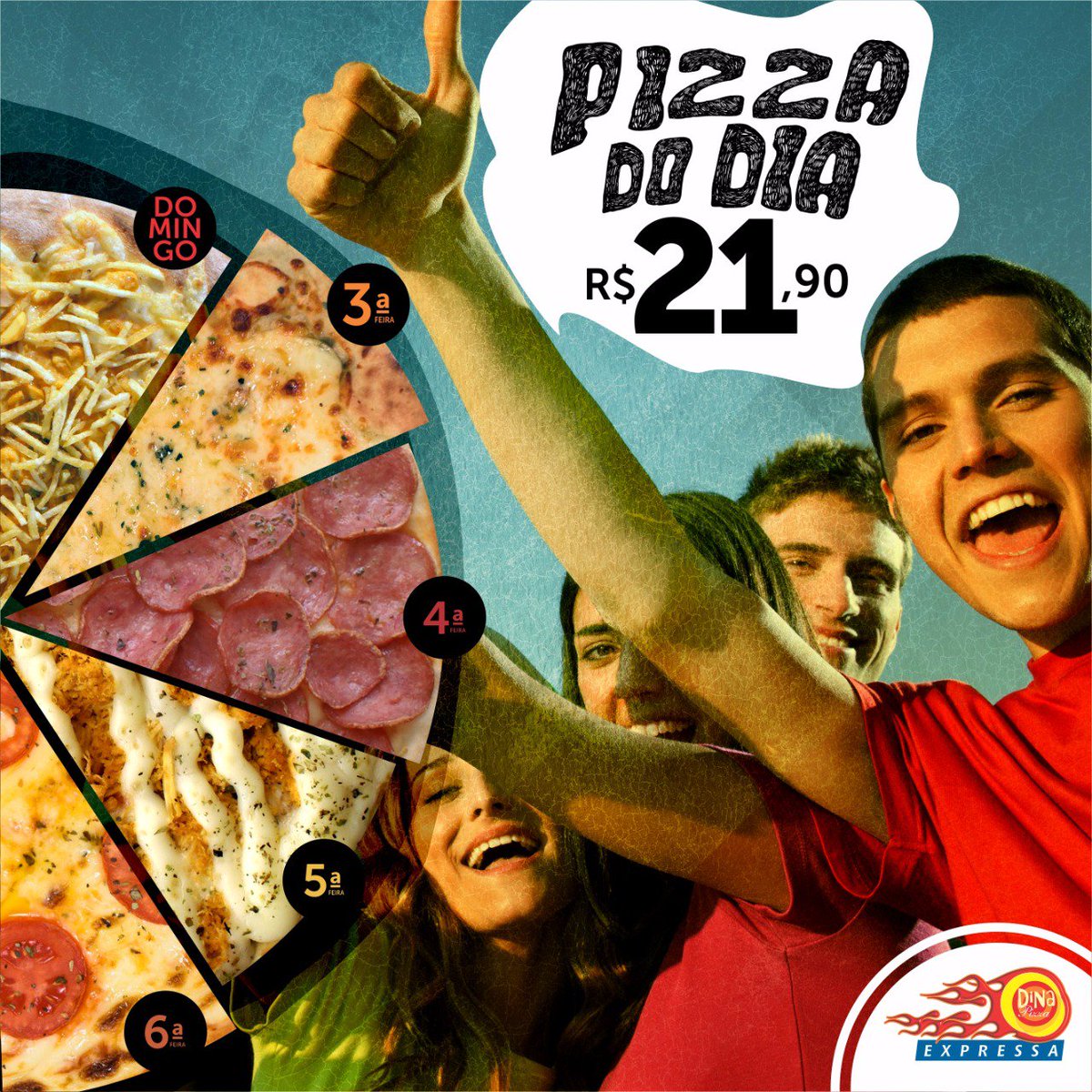 dina_pizza's tweet photo. Pizza do Dia por apenas R$ 21,90 😀 válido para TERÇA, QUARTA, QUINTA, SEXTA e DOMINGO das 11h00 à 00h00. A promoção não é válida para a Loja do Shopping Cidade! A promoção se inicia para as lojas que abrem as 11h00, as demais lojas a promoção se inicia às 18h00. #DinaPizza https://t.co/nxERc0axZH