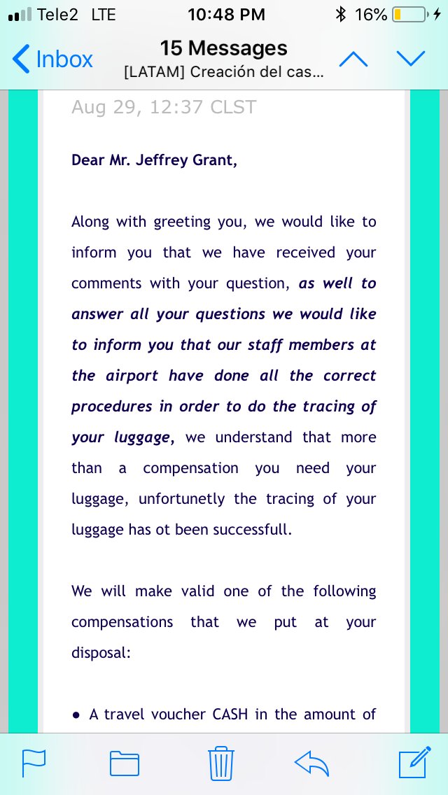 JeffGra96208976's tweet photo. @LATAMAirlinesUS Is "further information" the exact same thing you've already sent me three times? Still not answering my questions about what has been done to locate my #baggage. The gall to tell me that you sent me "further information" when you copied and pasted the same email is #disgraceful https://t.co/Fms47Xtoe8