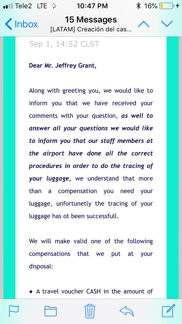 JeffGra96208976's tweet photo. @LATAMAirlinesUS Is "further information" the exact same thing you've already sent me three times? Still not answering my questions about what has been done to locate my #baggage. The gall to tell me that you sent me "further information" when you copied and pasted the same email is #disgraceful https://t.co/Fms47Xtoe8