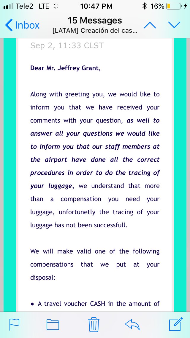 JeffGra96208976's tweet photo. @LATAMAirlinesUS Is "further information" the exact same thing you've already sent me three times? Still not answering my questions about what has been done to locate my #baggage. The gall to tell me that you sent me "further information" when you copied and pasted the same email is #disgraceful https://t.co/Fms47Xtoe8
