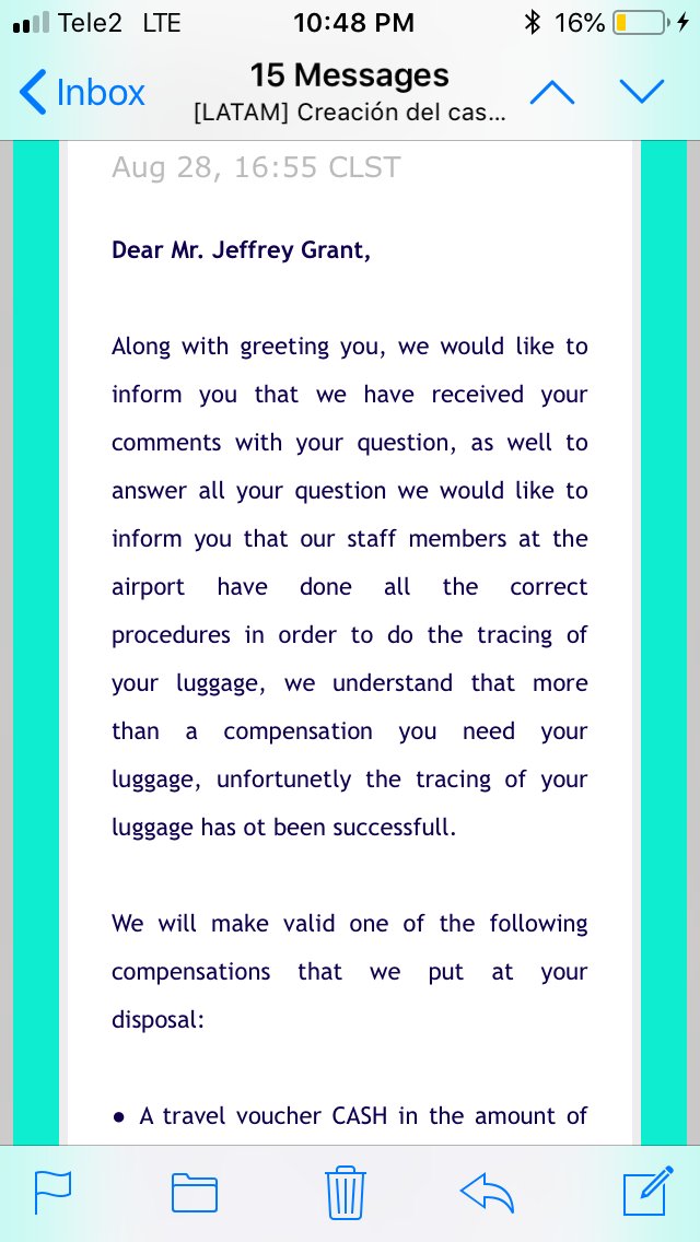 JeffGra96208976's tweet photo. @LATAMAirlinesUS Is "further information" the exact same thing you've already sent me three times? Still not answering my questions about what has been done to locate my #baggage. The gall to tell me that you sent me "further information" when you copied and pasted the same email is #disgraceful https://t.co/Fms47Xtoe8