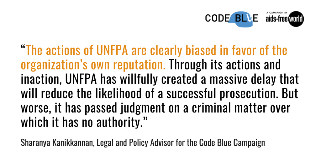 An internal <a href="/UNFPA/">UNFPA</a> investigation report into sexual assault and harassment allegations at UNFPA reveals the systematic and profound illegitimacy of unauthorized investigations into sexual offenses conducted by the <a href="/UN/">United Nations</a>. Read Code Blue's statement: bit.ly/2BfUqWa #MeTooUN