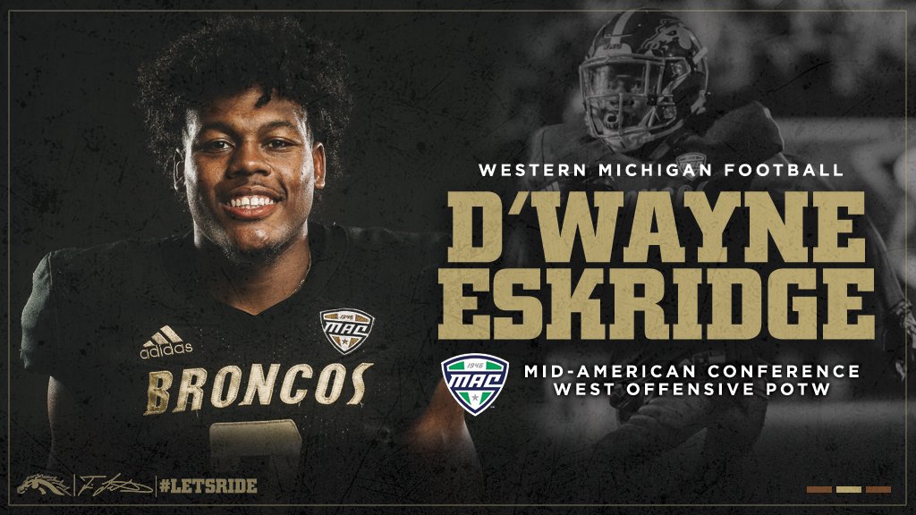 WMU_Football's tweet photo. 🏅Western Michigan junior WR D'Wayne Eskridge named @MACSports West Division Offensive Player of the Week after racking up 240 yards and two TDs on 8 receptions in season-opener against Syracuse. https://t.co/iPJZ3dLHEo