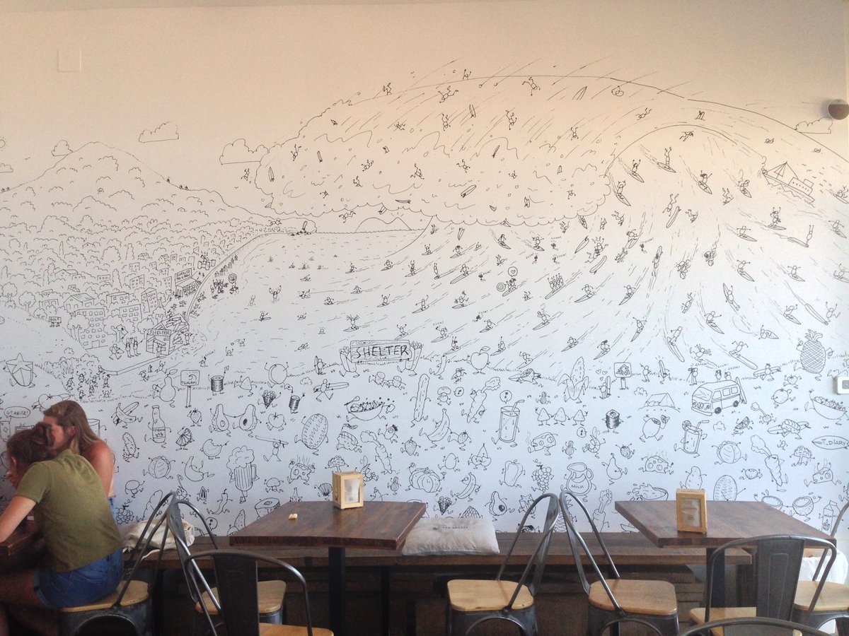 ZanderWaerheyd's tweet photo. This creative #drawing is on the wall of the restaurant "shelter", above the place where #boardx has it surf stand. #Zarautz https://t.co/Mp5paUXYbO
