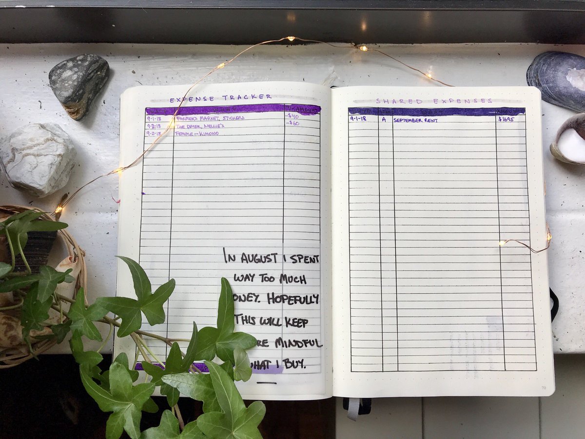 the7AMfox's tweet photo. September #bulletjournal ! This month’s colors are purple and gray. Added an expense tracker because I really need to stop spending so much money. :x https://t.co/wxIJrxsJuu