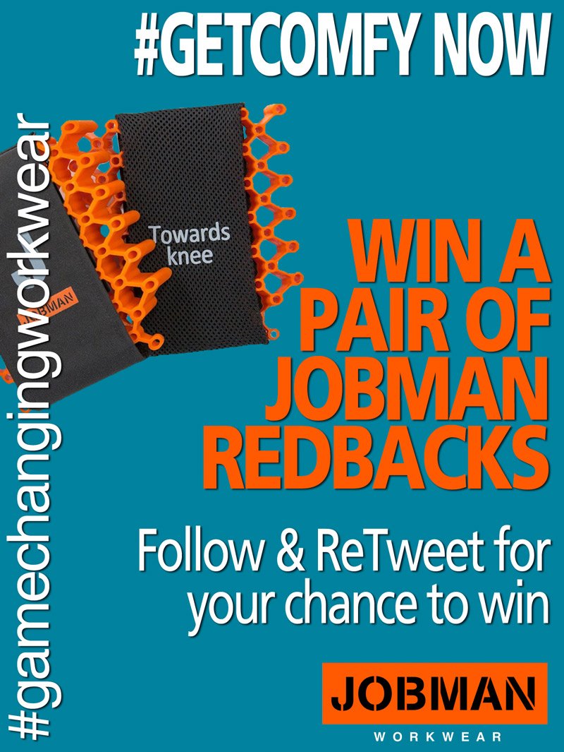 jobman's tweet photo. Jobman Redback Kneepads are the best you can have. Here's a chance to get a pair on us. Simply do what it says in the pic &amp; we'll randomly select a winner on Friday. To find out more about kneepads https://t.co/hMXO0mBIfm 🧡💪👖🧡@jobman #GameChangingWorkwear #GetComfy https://t.co/vV1hkoEOKe
