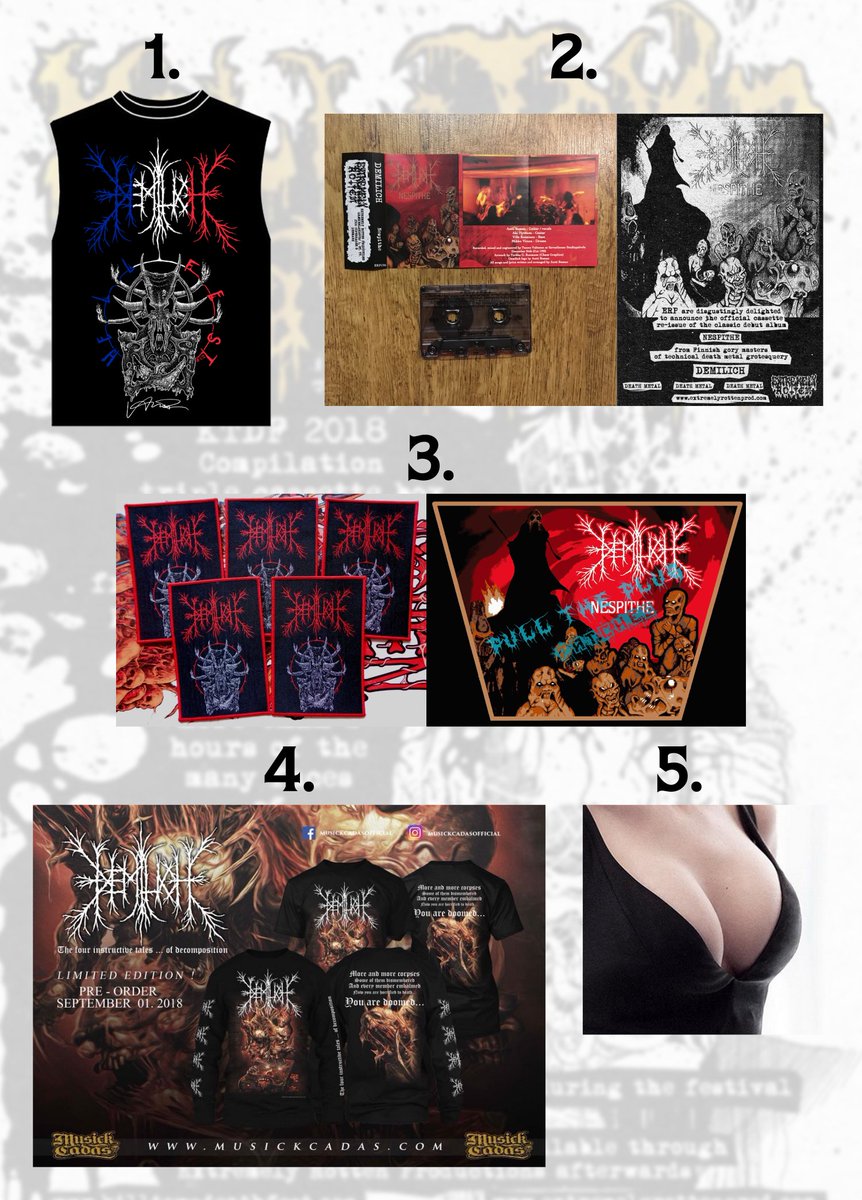 DemilichBand's tweet photo. Of Demilich Hellfest tank-tops, bananas, Nespithe cassettes, patches, books vomiting demons and - of course - boobies.
https://t.co/mxVEKpZ8LE
#Demilich #Nespithe #nespitheshirtcompetition #Hellfest #KTDF #cassette #patch #boob #ShamelessAdvertisingByObjectification #DeathMetal https://t.co/w49pTEsJBz