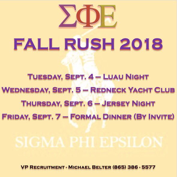Rush begins tomorrow night at 5! Retweet this for a chance to win a FREE SigEp T-shirt! Winner will be chosen Friday!