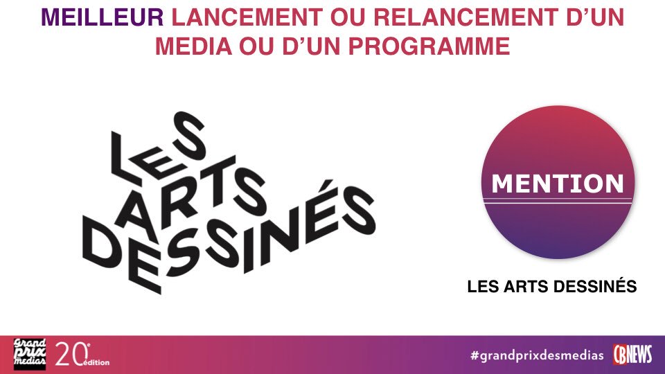 CB_News's tweet photo. #GrandPrixDesMedias
Les Arts Dessinés reçoit une mention dans la catégorie Meilleure lancement ou relancement d’un média ou d’un programme. #GPDM2018 https://t.co/LKOt2A2PAZ