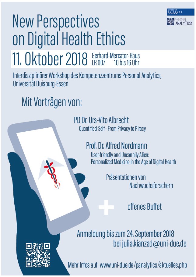 Die Bewerbungsfrist für unseren Workshop "New Perspectives on Digital Health Ethics" wurde auf den 24.09. verlängert. Mehr Informationen unter uni-due.de/panalytics . Alle Interessierten sind herzlich eingeladen!