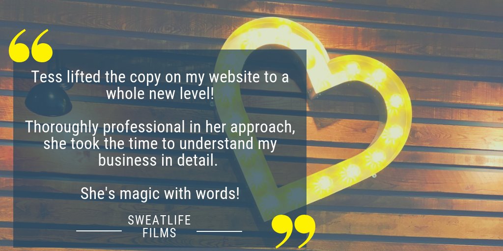 Lovely feedback from <a href="/SweatlifeFilms/">Richard Playfair - Fitness Video Producer</a> on my copy for the new website ✍️💻
THIS is why I love to write ❤️😊

Check out the website (and book yourself a great videographer) at sweatlife.co.uk 💪📽️

#freelancecopywriter #fitnesswriter #copywriter #freelancewriter