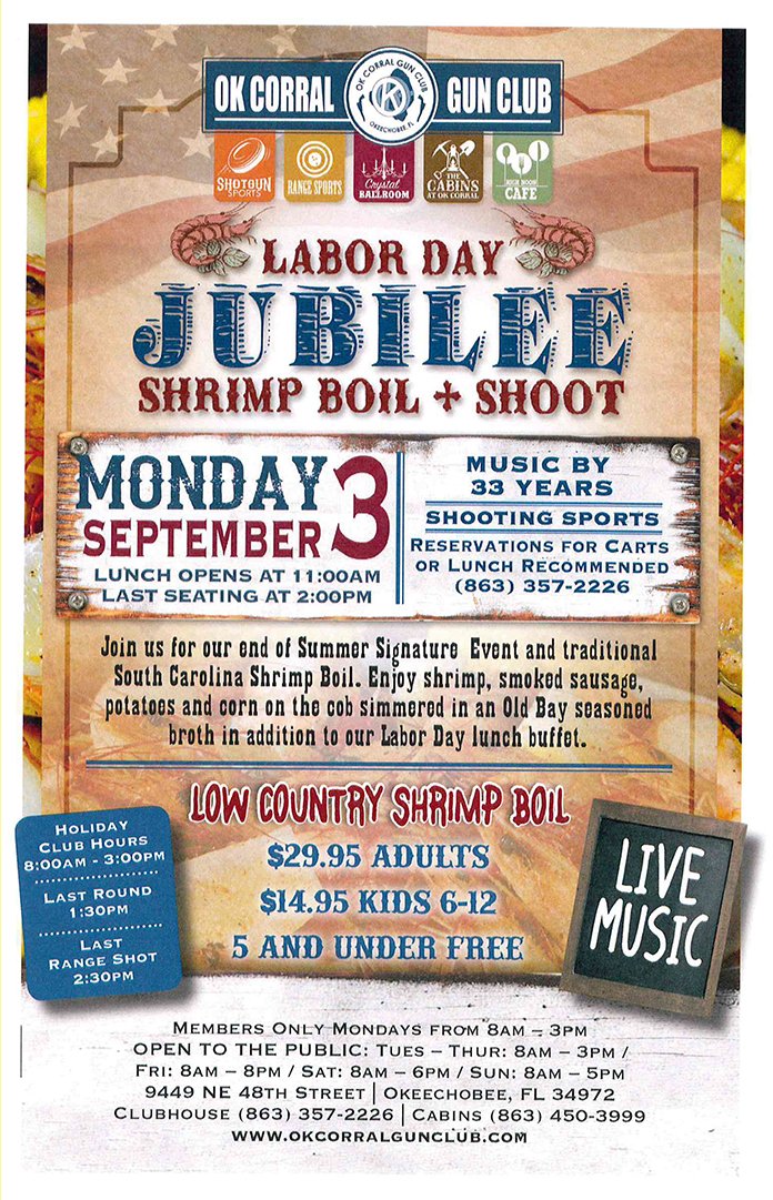 A little rain won't dampen our celebrations! Join us us for our Shrimp Boil + Shoot Jubilee with live music by 33 Years from 11am-2pm TODAY! Please remember we will be closed tomorrow, Sept. 4th, &amp; will reopen for our normal hours on Wednesday, September 5th from 8am-3pm. #OKC