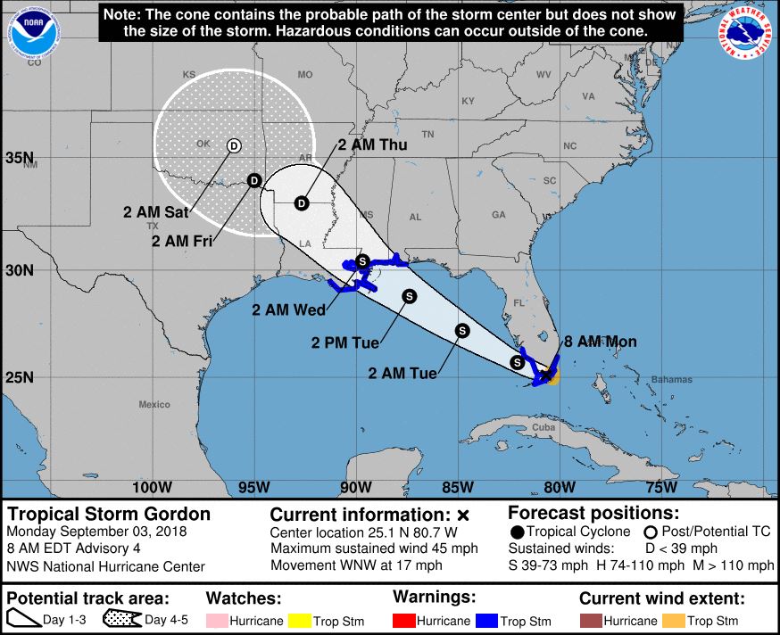 Tropical Storm Gordon is now affecting South Florida with maximum sustained winds of 45 mph. Periods of heavy rain will continue through late this afternoon. Flooding, gusty winds, and isolated tornadoes are possible.