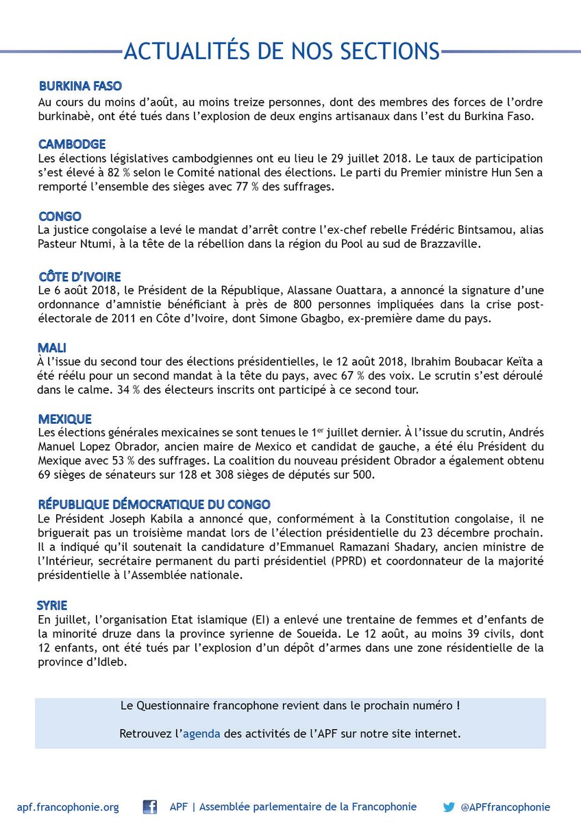 APFfrancophonie's tweet photo. #LFP n°38 : Session #Québec #44APF #NumériqueAPF et célébration du 10ème anniversaire de l'inscription de la #Francophonie dans la #Constitution française Version interactive à lire ici : https://t.co/6QjJXEgQvP https://t.co/cXNSpduZrM