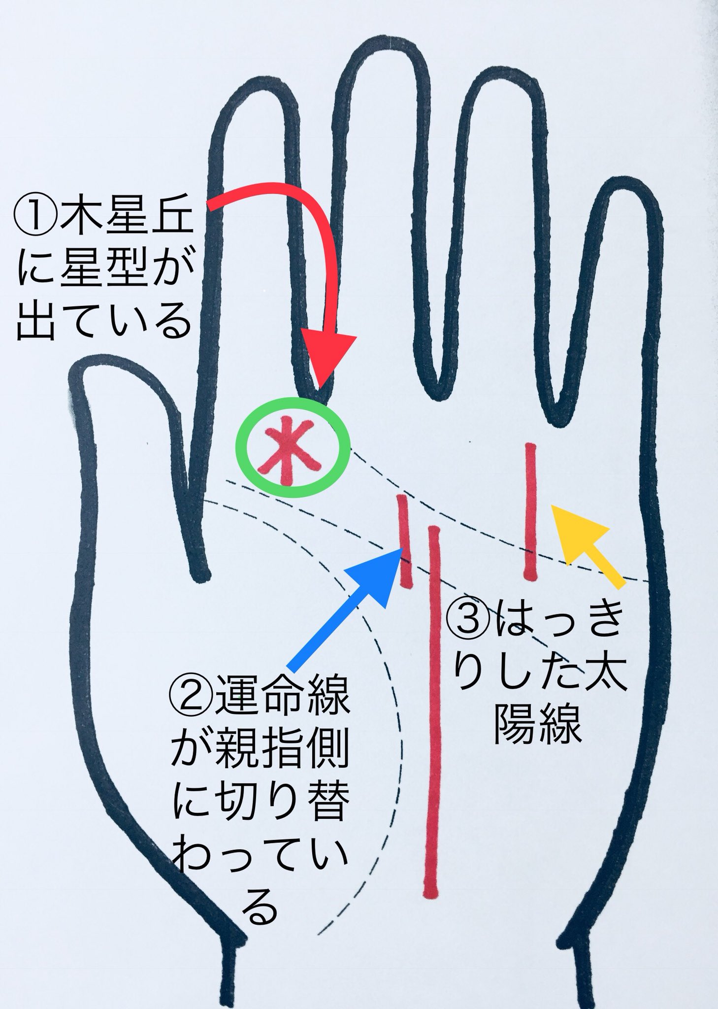 手相占い 華与 Twitter પર 転職で運気が上がる手相 権力者に助言されたり転職がスムーズに決まるラッキーな星型 運命線の切り替わった先が濃いと転職を機にステップアップ 太陽線が濃い目に出てると好きな仕事で成功する暗示 転職 運気アップ 手相占い