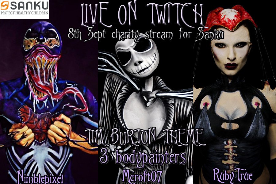 I am very excited to be working with two super talented painters on Sat raising money for @sankuafrica projecthealthychildren.com 
@JohnGriffithsUk @MelissaCroft07 and myself will all be on the same stream on the 8th Sept painting under a Tim Burton theme!