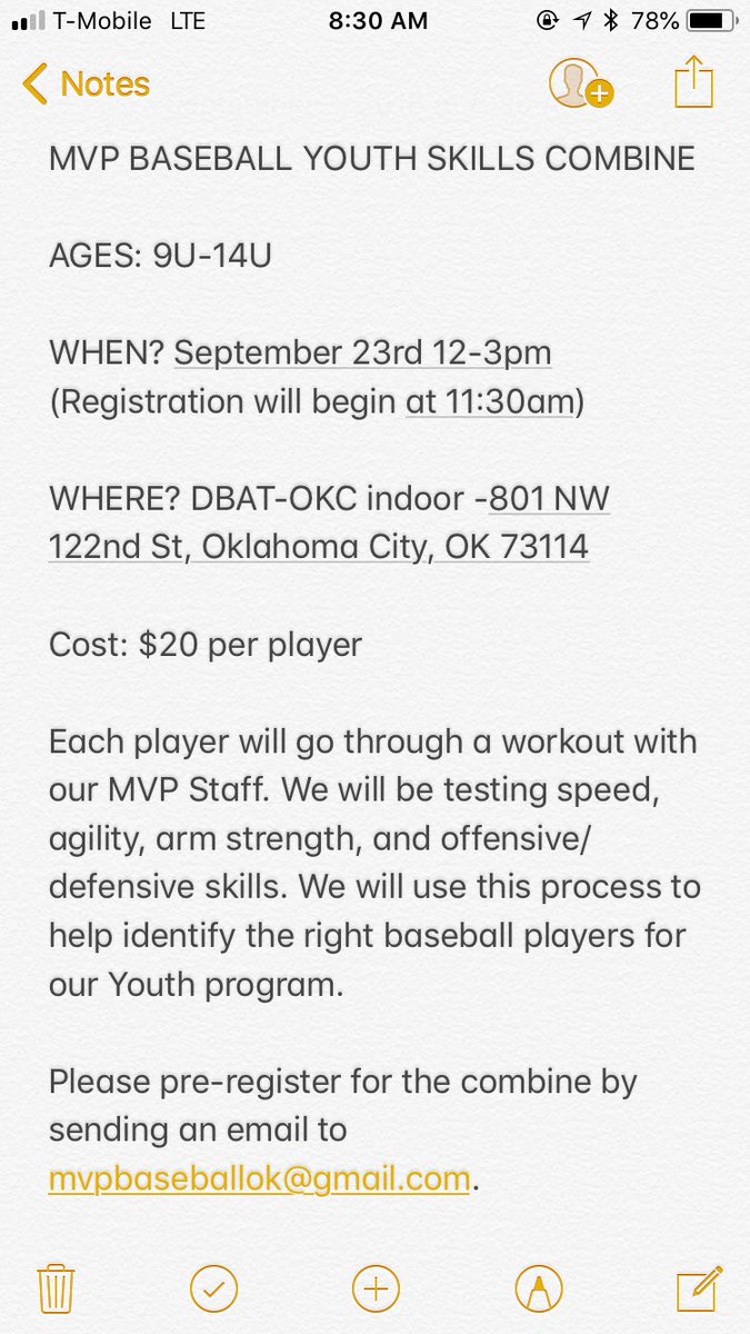 MVP BASEBALL YOUTH SKILLS COMBINE

AGES: 9U-14U

WHEN? September 23rd 12-3pm (Registration will begin at 11:30am)

WHERE? DBAT-OKC indoor -801 NW 122nd St, Oklahoma City, OK 73114

Please see the full details below!