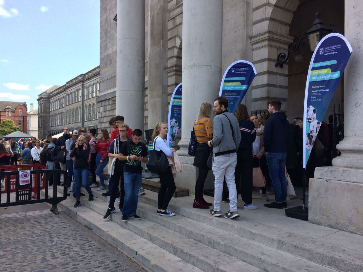 TCDAcadRegistry's tweet photo. Queues are beginning to wind around the Exam Hall - remember the best times to come and pick up your card are early morning (we're open from 09:00) or the afternoon (15:00-17:00). We will be open for the next two weeks - hope everyone is soaking up the Fresher buzz! https://t.co/vs4qRk6nwL
