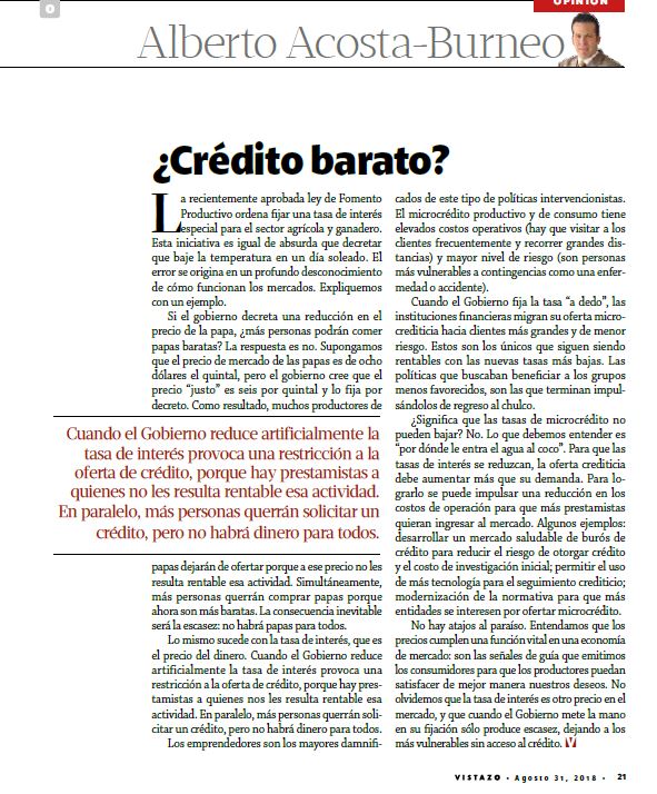 ALBERTOACOSTAB's tweet photo. ¿Crédito barato? Ordenar una tasa de interés especial para el sector agrícola y ganadero POR LEY es igual de absurdo que decretar que baje la temperatura en un día soleado. Veamos porqué  https://t.co/m9vVVlZ8Xj vía @revistavistazo https://t.co/jUzC25GYec