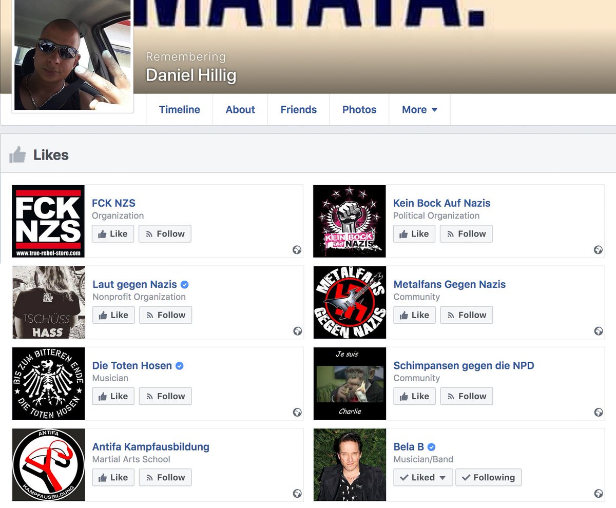 Nachdem Daniel Hillig am 26.08.18 in Chemnitz ermordet wird, "betrauern" Neonazis seinen Tod, indem sie Ausländer durch die Straßen jagen. Was Daniel davon halten würde, kann man anhand seines FB-Profils erahnen - hier sind einige Seiten, die er geliket hat. #c0309