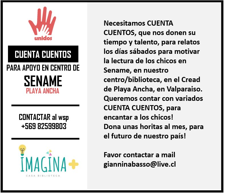 Necesitamos un Cuenta Cuentos coordinador y cuenta cuentos para los sábados AM...  queremos todos los sábados acercar a los niños a historias entretenidas...
Favor RT