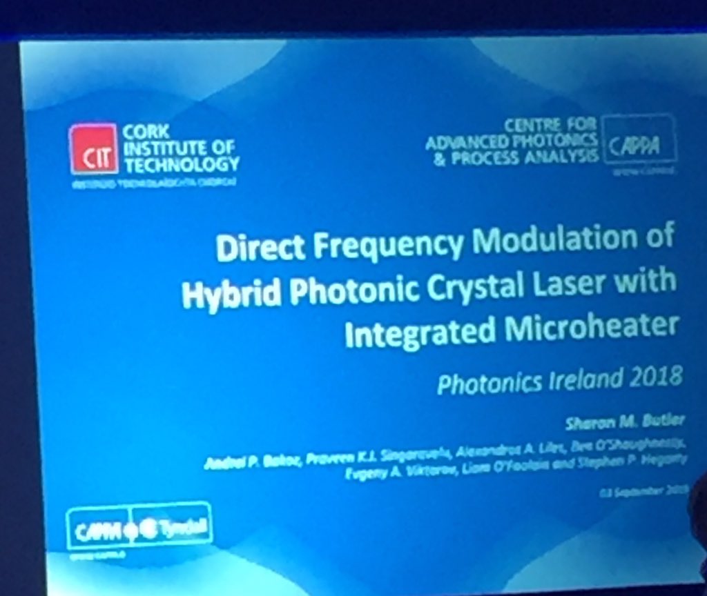 PhotonicsIre18's tweet photo. Next up is Sharon Butler from @cappa_cit @CIT_ie Speaking on direct frequency modulation of a photonic crystal laser with integrated microheater! #PI2018 #InnovationThroughLight #Lasers #BelieveInScience @extendedcampus @CIT_PhysSci https://t.co/mDRx7Jyhk7
