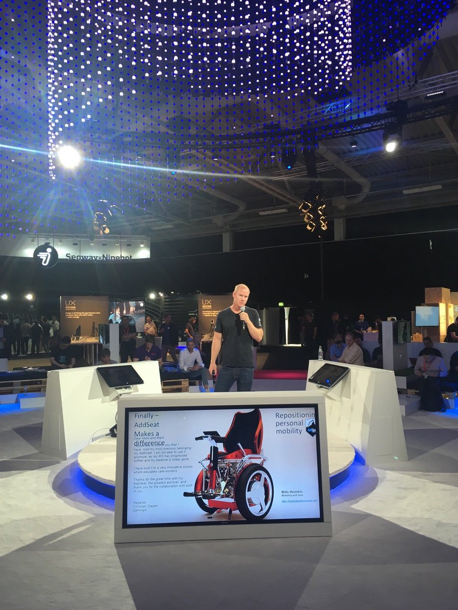 EuStartupPrize's tweet photo. Now #AddSeat is on stage! To promote all mobility with a small footprint electric gyro based wheelchair. #IFAnext #IFA2018 https://t.co/1ieP2nutHj